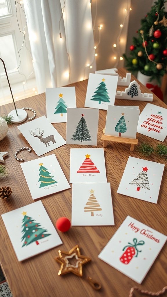 A variety of modern handmade Christmas cards with unique designs on a wooden table, surrounded by crafting materials.